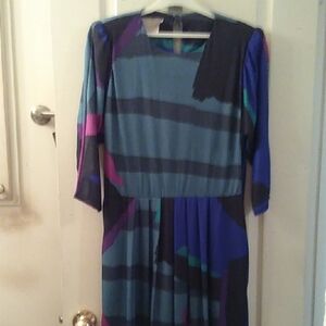 Sears Teal, Blue and Pink Long Sleeve Midi Dress
